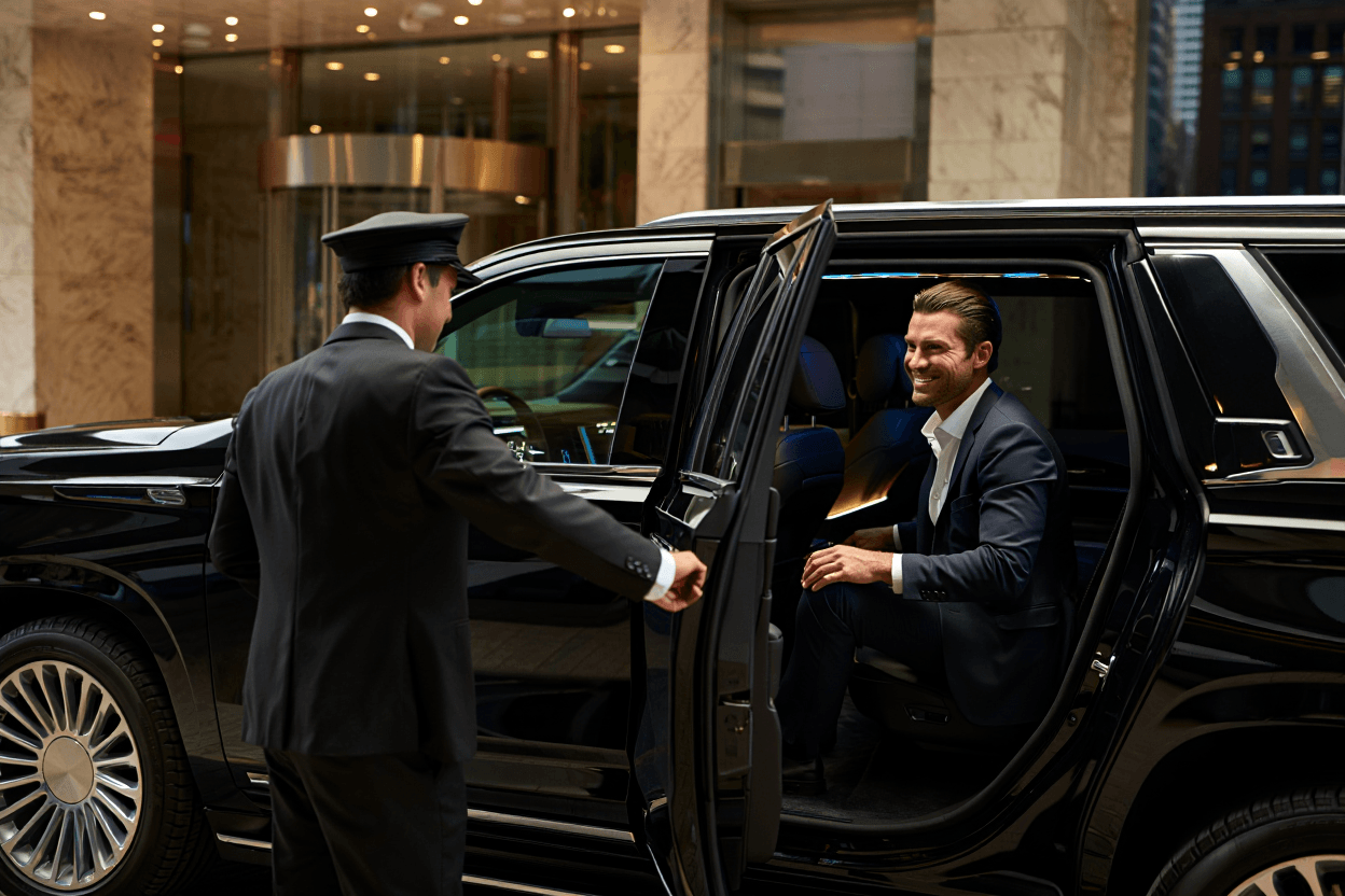 Chauffeur opening luxury SUV door at hotel - GSALux premium car service
